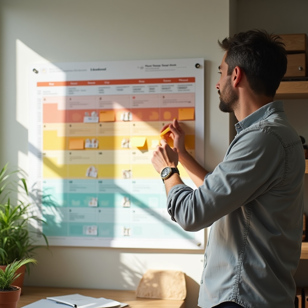 Flexibler Wochenkalender mit farbig markierten Zeitblöcken auf dem Schreibtisch