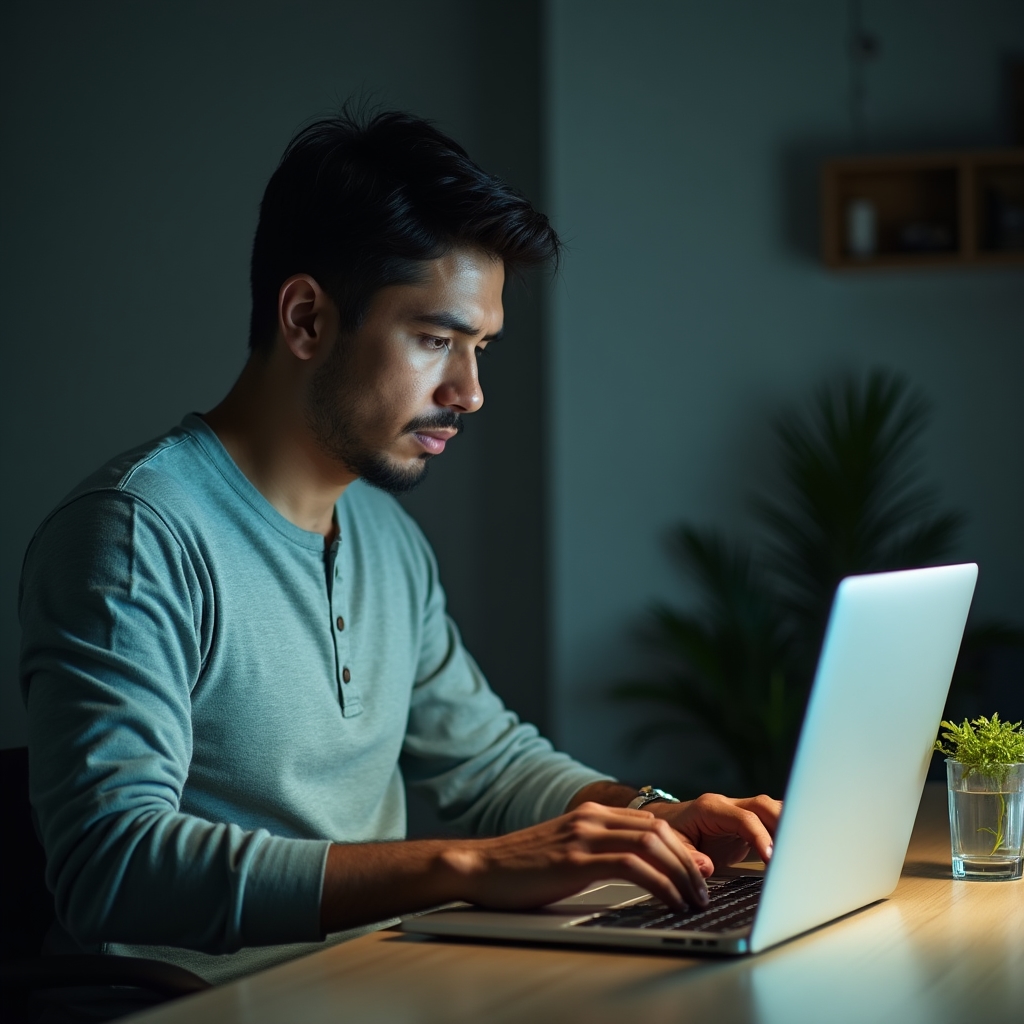 Person arbeitet fokussiert an einem aufgeräumten Schreibtisch mit Laptop
