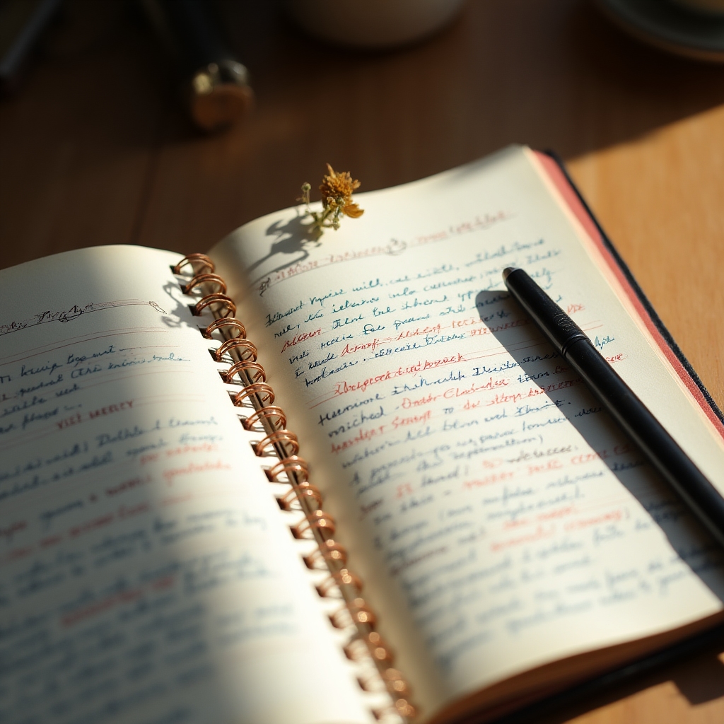 Notizbuch mit wöchentlicher Rückschau und handschriftlichen Reflexionen