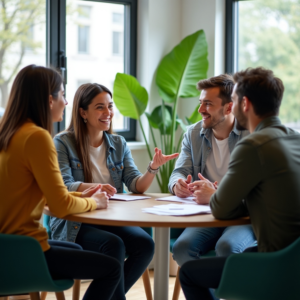 Kleine Gruppe diskutiert an einem Tisch über Arbeitsstrukturen im Homeoffice